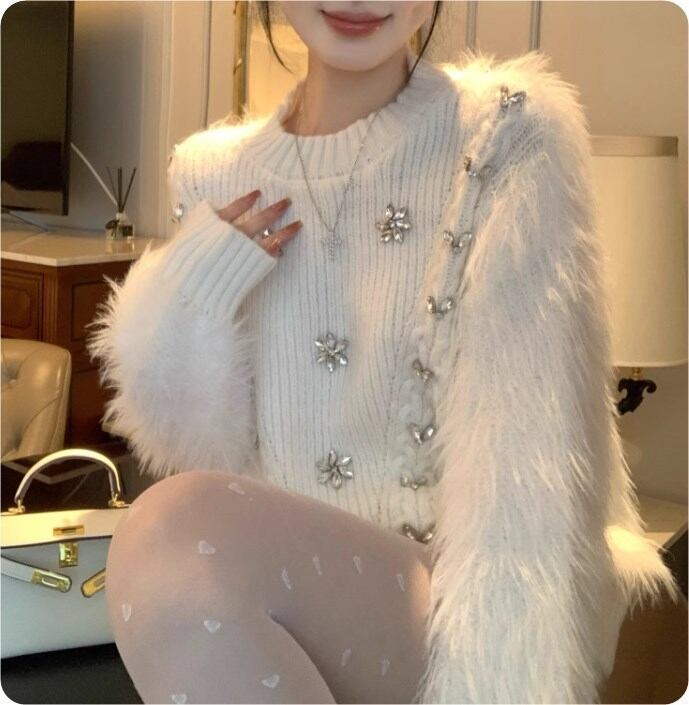 モヘアニット2ピース トップス×ミニスカ ビジュー