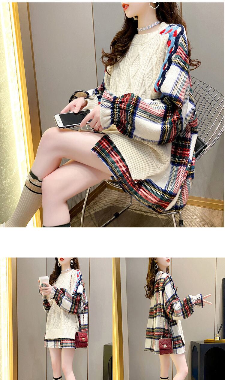 かわいい チェックコンビ オーバーサイズ ケーブルニット