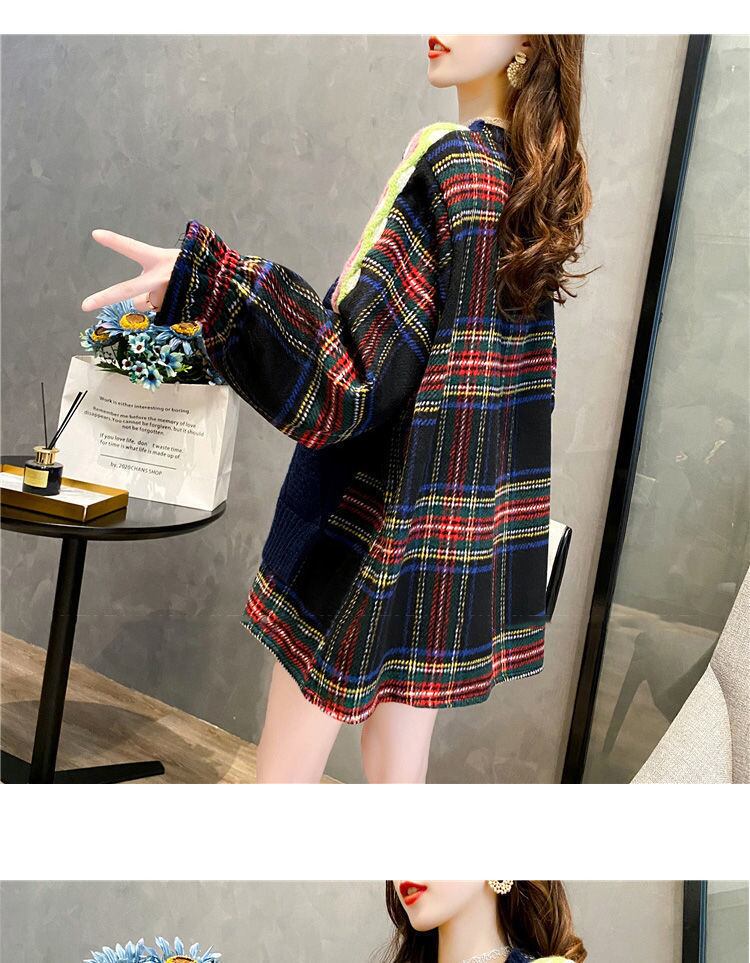 かわいい チェックコンビ オーバーサイズ ケーブルニット