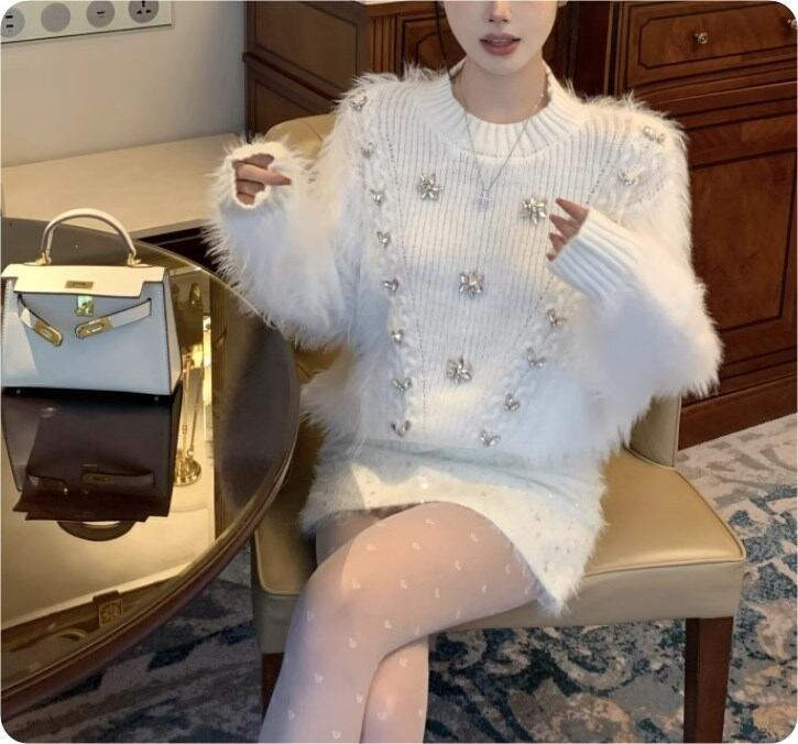 モヘアニット2ピース トップス×ミニスカ ビジュー