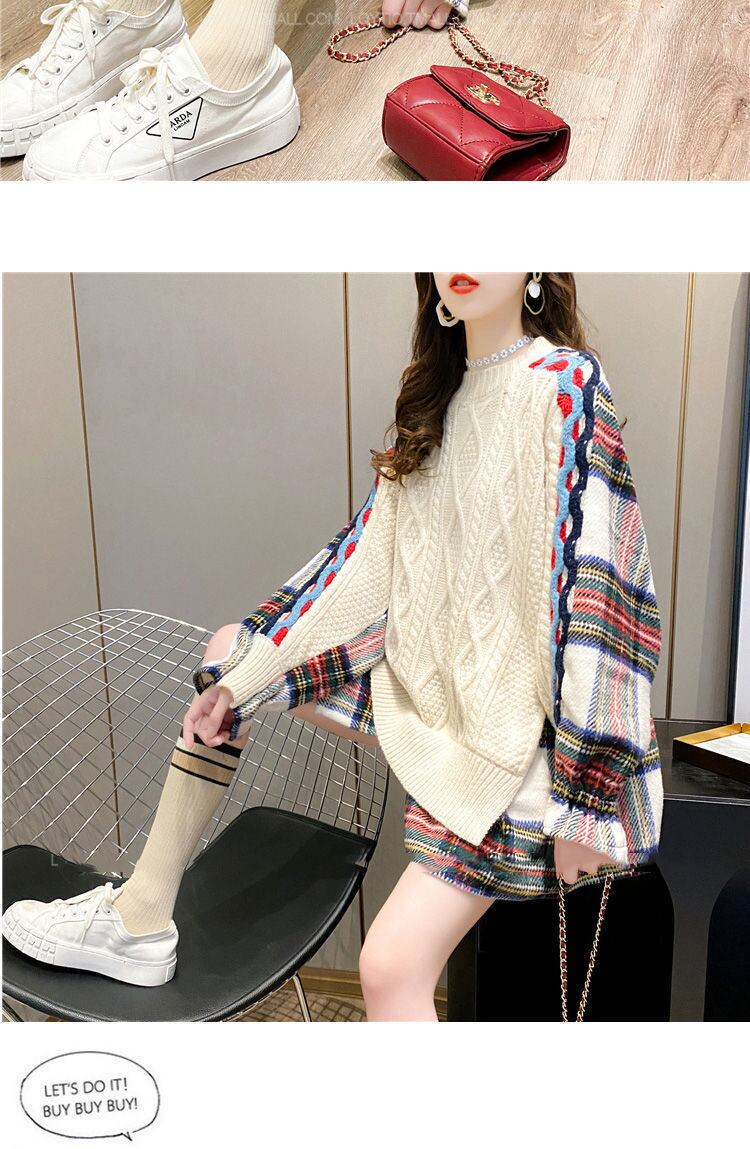 かわいい チェックコンビ オーバーサイズ ケーブルニット