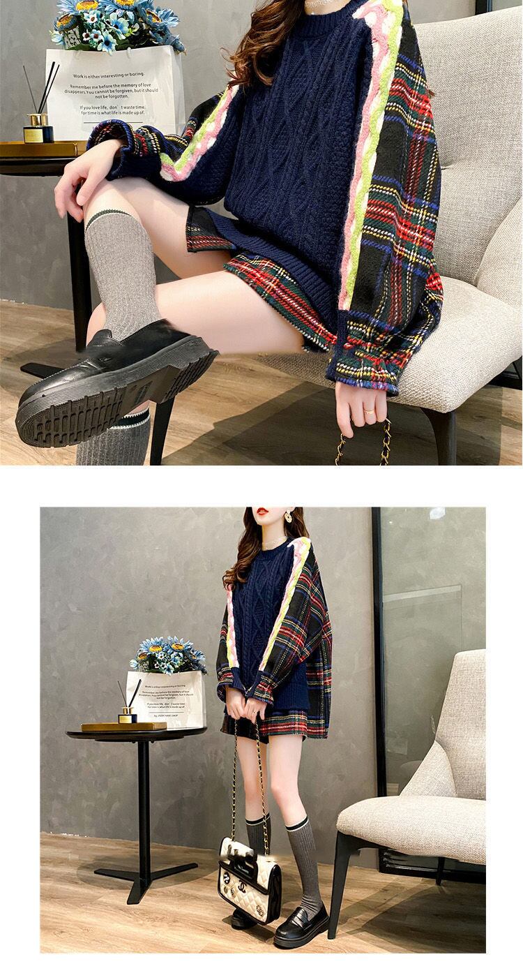 かわいい チェックコンビ オーバーサイズ ケーブルニット