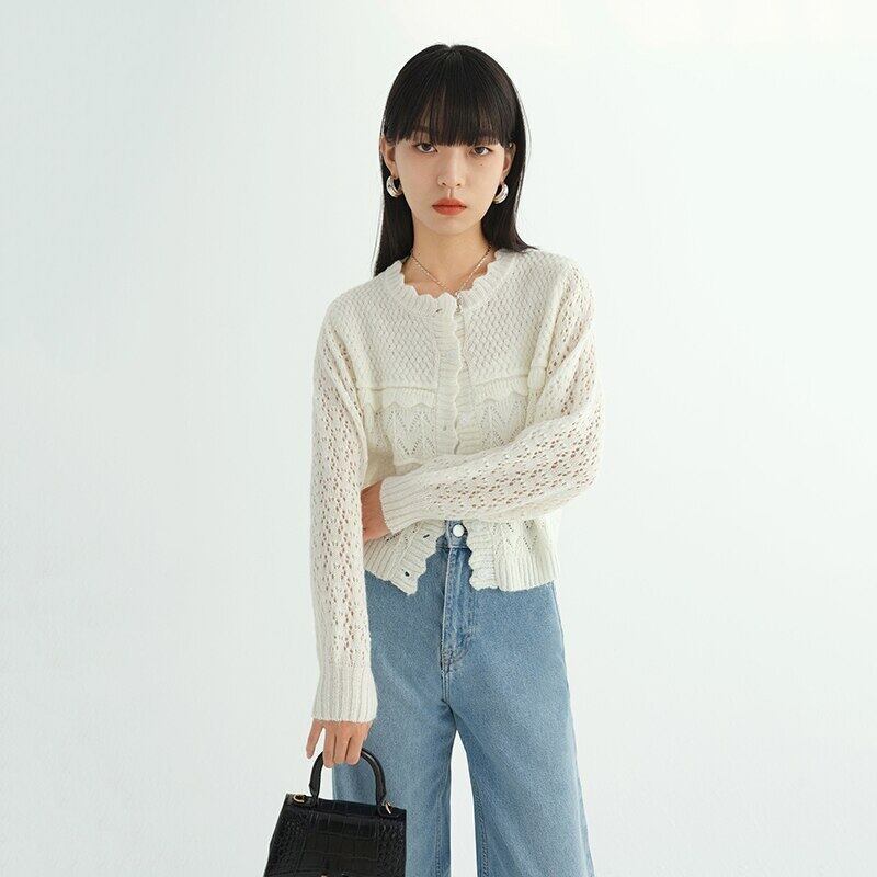 オシャレ　ホワイト　長袖　カーディガン　かぎあみ